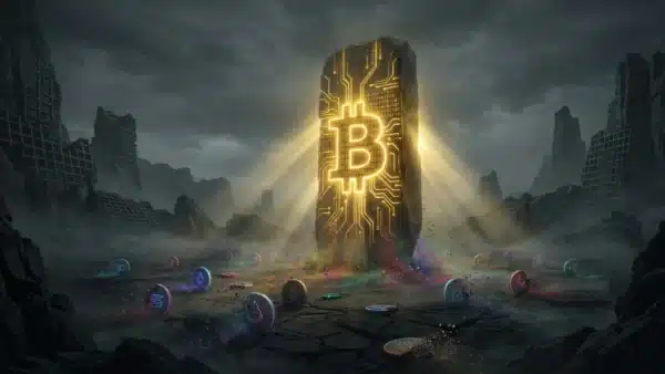 Photographie cinématique d'un monolithe Bitcoin absorbant l'énergie de petites pièces qui s'éteignent, symbolisant la crise des altcoins sur le marché crypto.