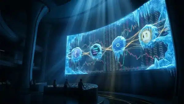 Photographie cinématique d'un marché crypto gelé, symbolisant l'assèchement des flux sur les cryptomonnaies et les altcoins.