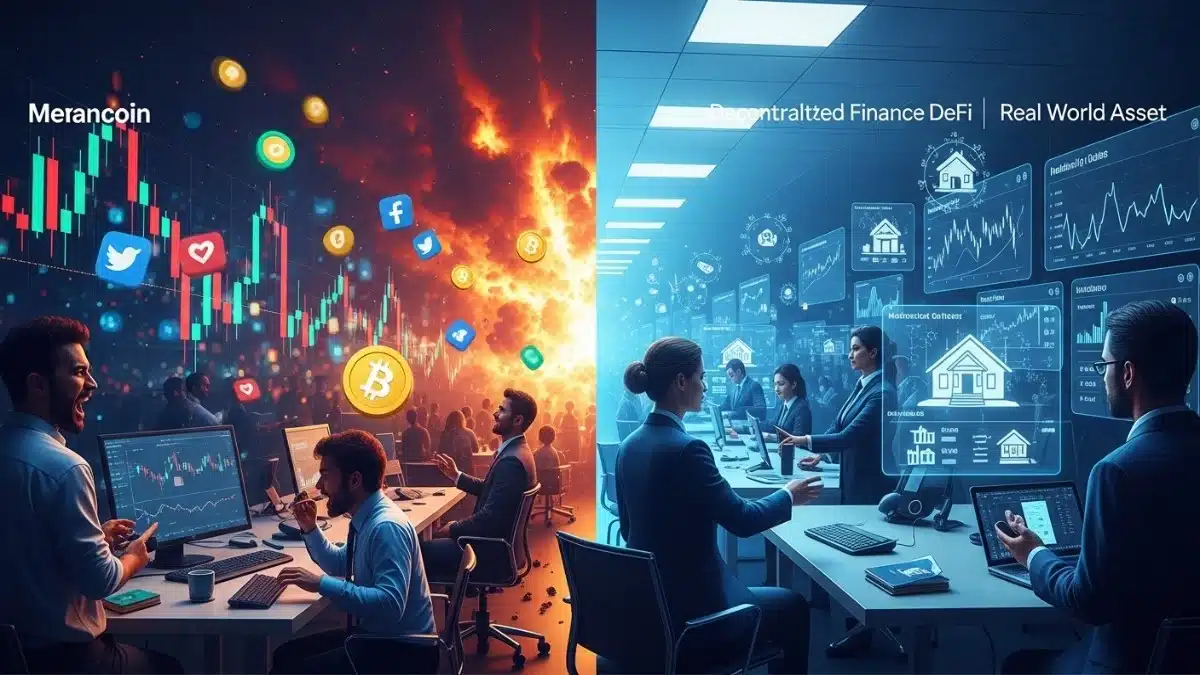 Illustration réaliste d’un marché crypto divisé entre memecoins spéculatifs et finance décentralisée orientée institutionnels