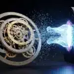 Illustration cinématique d'une onde d'énergie quantique détruisant un mécanisme complexe, symbolisant la menace des superordinateurs sur le Bitcoin et Ethereum.