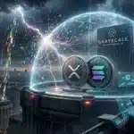 Photographie cinématique d'un bouclier protégeant le XRP Ledger et Solana d'une tempête quantique, sous la supervision du gestionnaire Grayscale.