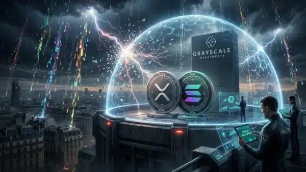 Photographie cinématique d'un bouclier protégeant le XRP Ledger et Solana d'une tempête quantique, sous la supervision du gestionnaire Grayscale.