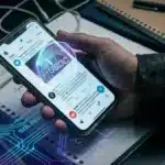 Main tenant un smartphone avec un logo USDC numérique flottant au-dessus des réseaux Solana et Polygon