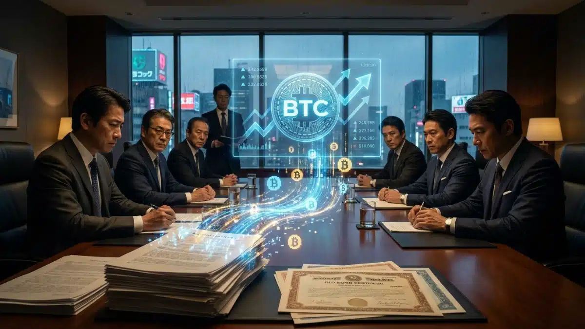 Illustration réaliste d’une entreprise utilisant des obligations pour accumuler massivement du Bitcoin dans sa trésorerie