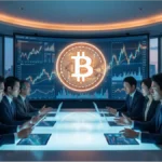 Graphique financier et logo Bitcoin représentant la levée de fonds de Metaplanet