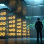 Michael Saylor devant un graphique BTC/USD dans un coffre-fort rempli de pièces Bitcoin dorées