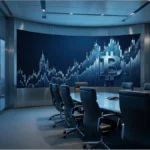 Salle de conseil d'administration avec graphique financier et logo Bitcoin symbolisant l'achat d'actions MicroStrategy