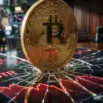 Un Bitcoin lourd brisant un écran de verre affichant le cours MSTR dans le rouge, symbolisant la crise boursière de MicroStrategy.