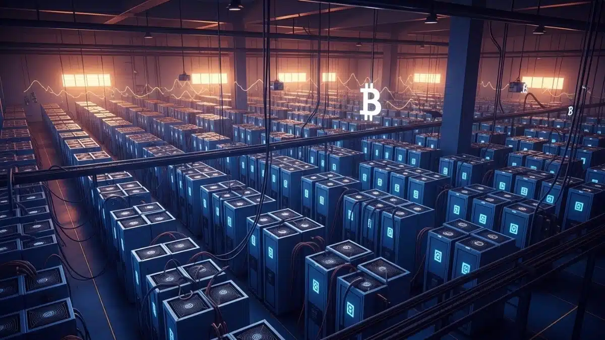 American Bitcoin accélère : une montée en puissance industrielle du minage Illustration réaliste d’une ferme de minage Bitcoin avec des milliers de machines et une puissance de calcul élevée