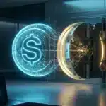 Un coffre-fort bancaire moderne intégrant des pièces numériques lumineuses.