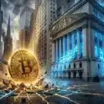 Photographie cinématique d'un Bitcoin percutant Wall Street, symbolisant le lancement de l'ETF Bitcoin par Morgan Stanley.