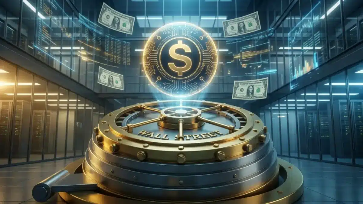 Un coffre-fort bancaire moderne protégeant des actifs numériques et des stablecoins.