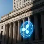 Photographie cinématique d'un emblème XRP intégré à la façade en marbre d'une banque classique, symbolisant l'obtention de la note Investment Grade.