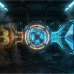 Illustration futuriste montrant les logos Bitcoin et Ethereum reliés à un processeur central symbolisant l'ordinateur quantique
