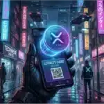 Smartphone affichant une carte de fidélité avec le logo XRP dans une rue futuriste de Tokyo