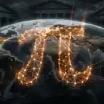 Carte du monde connectée avec des bâtiments institutionnels financiers en arrière-plan illustrant le Pi Network