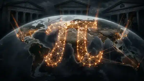 Carte du monde connectée avec des bâtiments institutionnels financiers en arrière-plan illustrant le Pi Network
