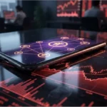 Graphiques financiers rouges reflétés sur un smartphone illustrant la baisse du Pi Network et de la crypto mobile.