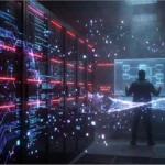 Hacker devant des serveurs avec alertes de piratage et vol de données crypto DeFi