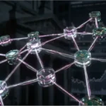 Réseau décentralisé Polkadot avec nœuds interconnectés et graphiques financiers en arrière-plan