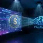 Photographie cinématique d'un jeton stablecoin sur un tableau Polymarket sous l'œil de Palantir.