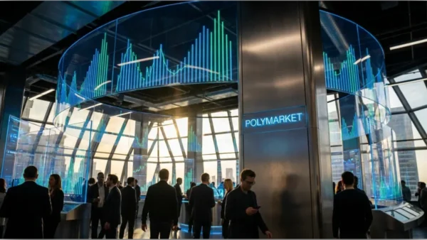 Graphique holographique représentant la valorisation de 15 milliards de dollars de Polymarket