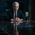 Jerome Powell au siège de la FED analysant les marchés financiers.