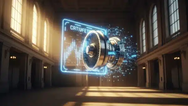 Photographie cinématique d'une pièce aéronautique fusionnant avec un certificat boursier numérique, symbolisant la première IPO RWA en France.