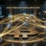 Graphique conceptuel du Bitcoin montrant des flux financiers mondiaux et des gratte-ciel