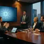 Cadres en réunion stratégique discutant de la crypto-monnaie Cardano avec logo affiché sur écran