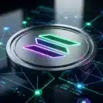 Pièce de monnaie numérique Solana sur un écran de données financières et de graphiques de trading