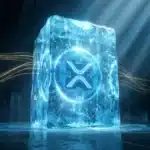 Photographie cinématique d'une pièce XRP gelée dans la glace, symbolisant l'assèchement de la liquidité sur le marché crypto.