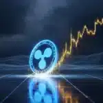 Photographie cinématique d'un jeton XRP rebondissant sur un sol en verre renforcé, symbolisant la défense du support technique sur le marché boursier.