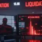 Un écran de trading affichant la chute verticale du cours du Bitcoin dans une ambiance de crise financière sombre et technologique.