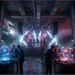 Traders en costume analysant des graphiques boursiers rouges dans une ambiance de rave party pour illustrer l'effondrement RaveDAO.