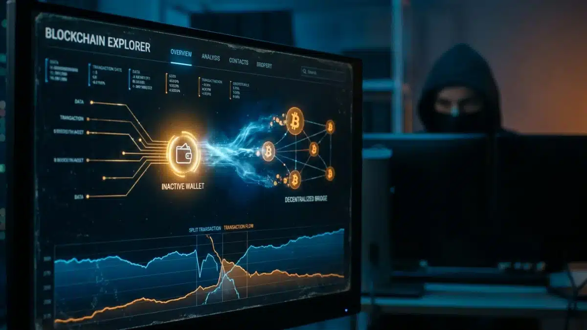 Interface numérique montrant un portefeuille crypto inactif qui se réactive avec un hacker dans l'ombre