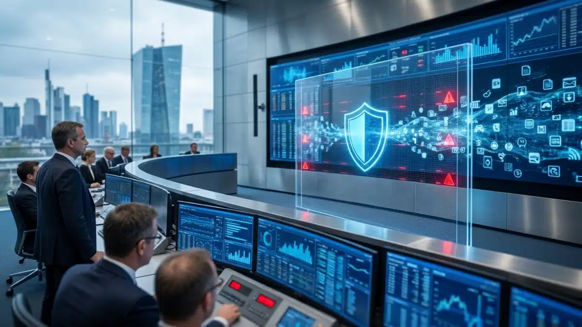 Illustration réaliste du renforcement de la supervision bancaire en Europe avec contrôle des flux financiers et des institutions