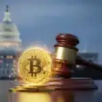 Un marteau de juge protégeant un Bitcoin devant le Capitole américain, symbolisant la protection réglementaire de l'industrie crypto.