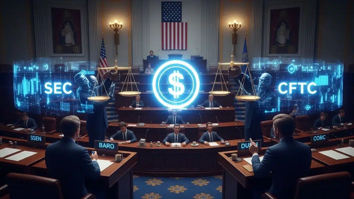 Illustration réaliste du cadre réglementaire des cryptomonnaies aux États-Unis avec stablecoins et rôle des régulateurs SEC et CFTC