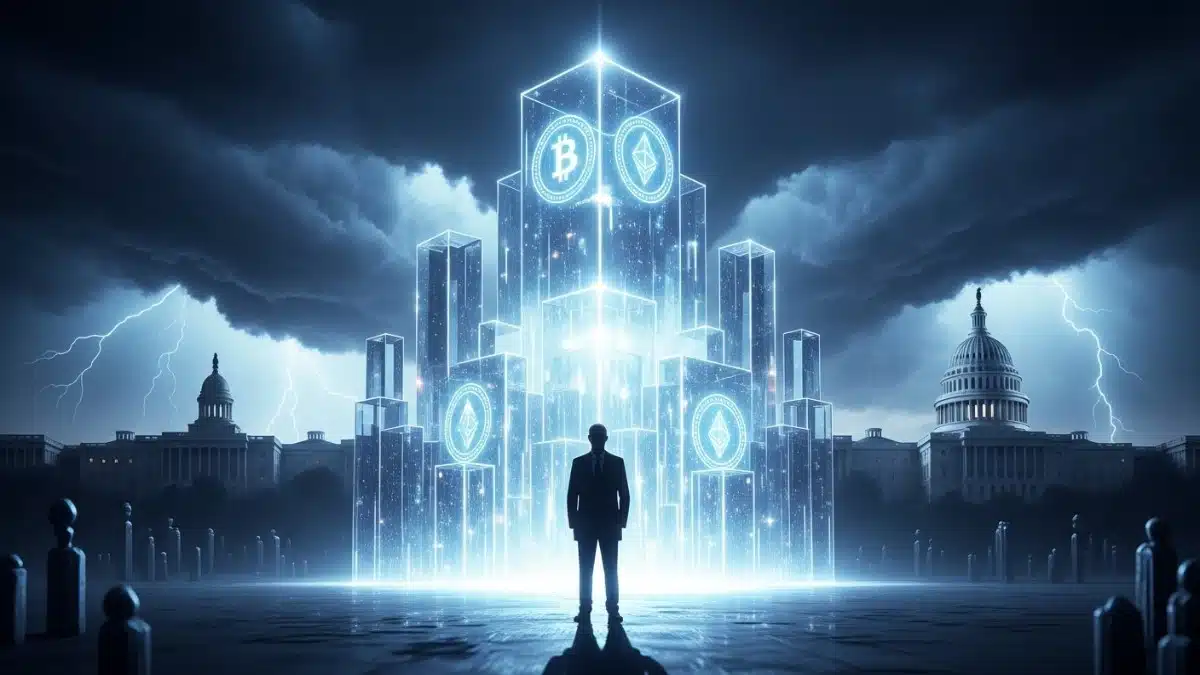 Illustration réaliste d’une confrontation entre régulation américaine et industrie crypto avec une protection juridique autour des actifs numériques