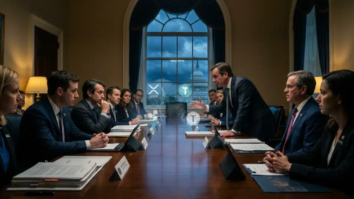 Illustration réaliste d’un affrontement entre acteurs crypto et législateurs américains autour de la régulation des actifs numériques