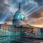 Capitole américain entouré de symboles de cryptomonnaies et de données financières.