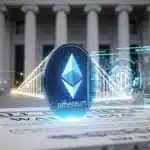 Une pièce Ethereum reliant un certificat d'action classique à un contrat numérique devant le siège de la SEC américaine.