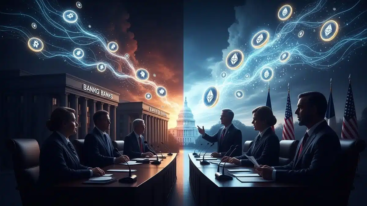 Illustration réaliste du conflit entre banques traditionnelles et crypto autour du rendement des stablecoins et des décisions politiques aux États-Unis