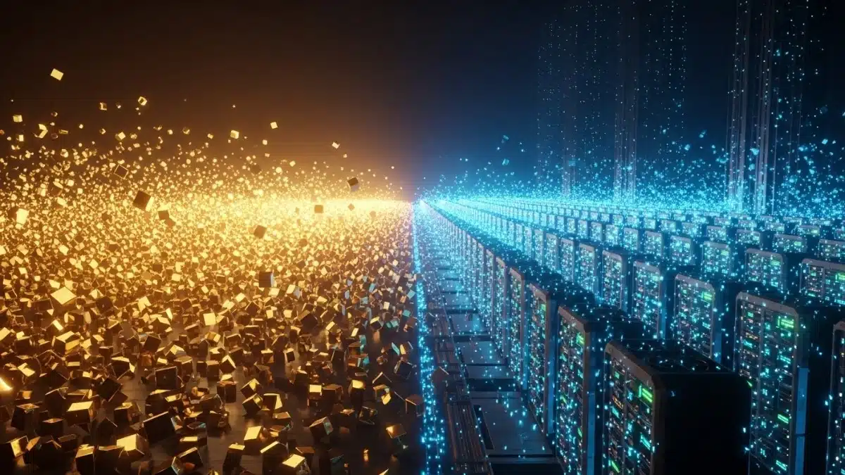 Illustration abstraite d'une immense infrastructure technologique expulsant des blocs dorés pour financer instantanément l'illumination et l'expansion de nouveaux serveurs ultra-puissants.