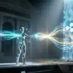 Photographie cinématique d'un robot futuriste échangeant de l'énergie avec un réseau numérique, symbolisant un Agent IA utilisant l'infrastructure Ripple.