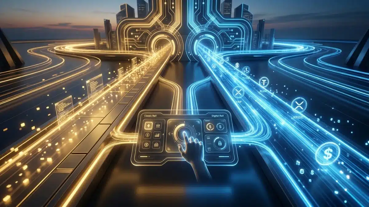 Illustration abstraite d'un tableau de bord holographique dirigeant des flux entre un rail bancaire classique doré et un rail numérique crypto bleu ultra-rapide.