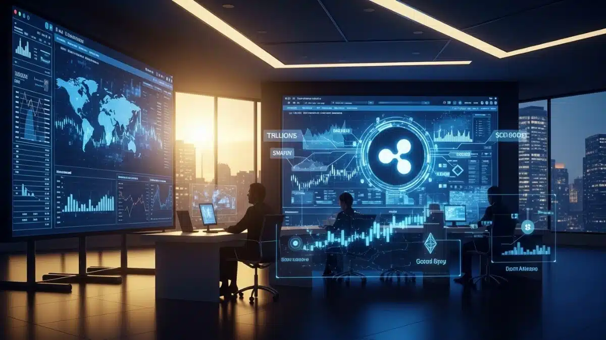 Illustration réaliste de l’intégration du XRP de Ripple dans un logiciel de trésorerie utilisé par de grandes entreprises avec flux financiers mondiaux