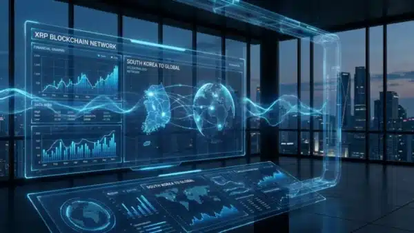 Représentation technologique d'un réseau blockchain global avec un hub en Corée du Sud pour les transferts Ripple.