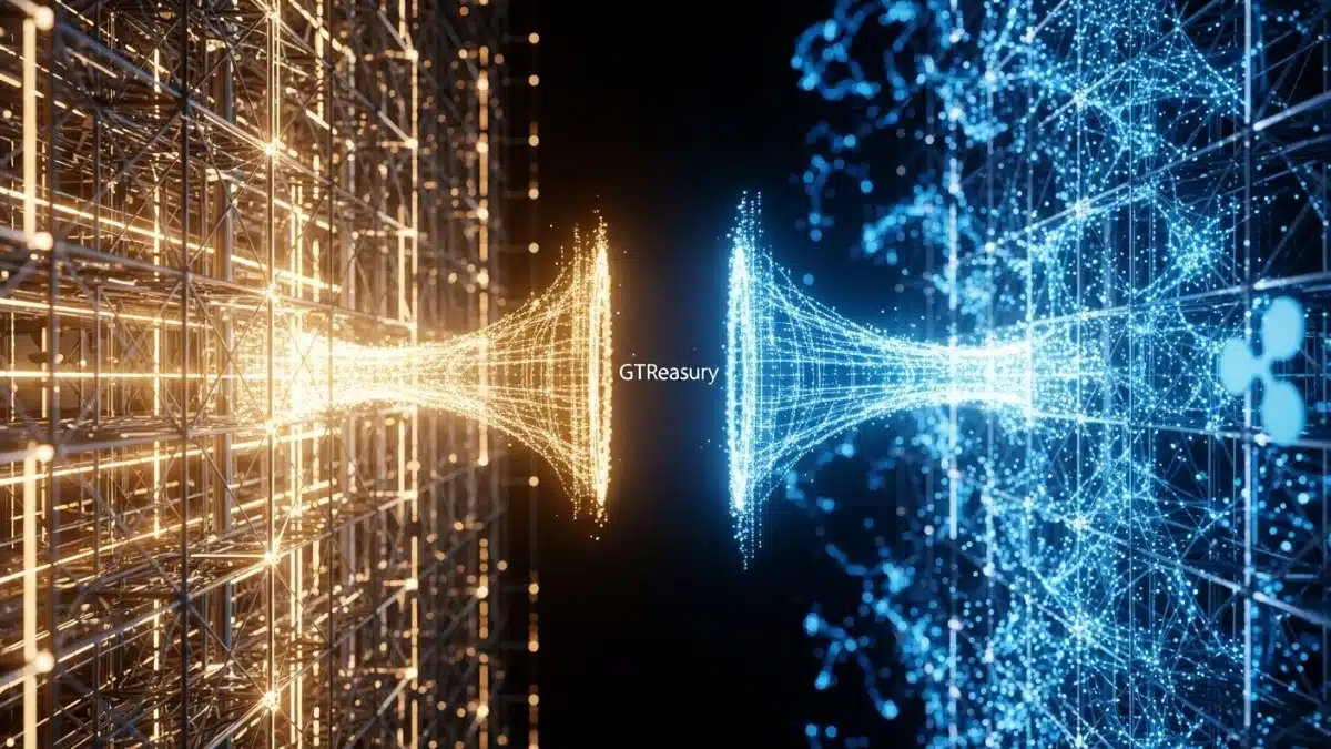 Illustration abstraite montrant un sas logiciel connectant le réseau fluide de la blockchain Ripple à la structure rigide et dorée du réseau traditionnel SWIFT, sans que les deux ne se mélangent.